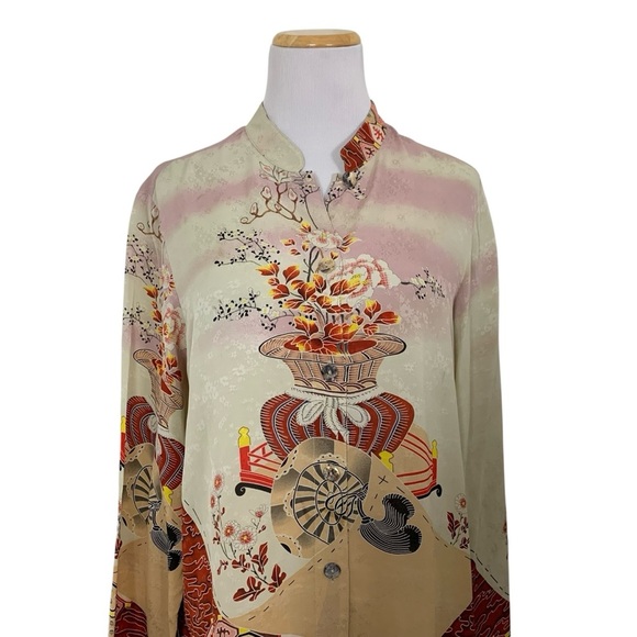Citron 100% Silk Button Up Asian Inspired Tunic Blouse Women’s M Floral Mandarin - Picture 3 of 17
